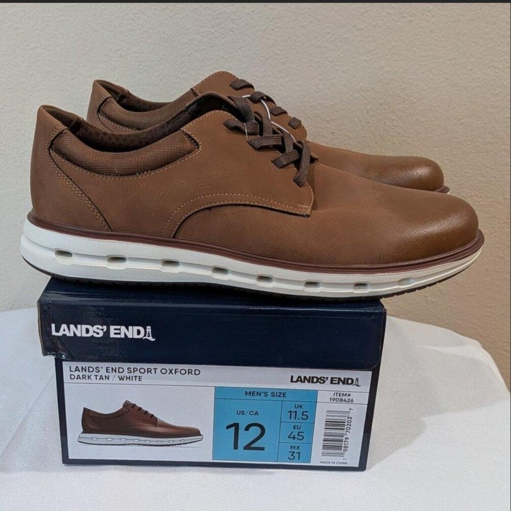 New Lands' End Men's Sport Oxford Casual Shoes Dark Tan White Size 12